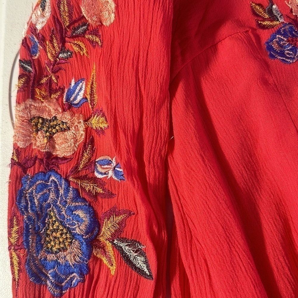 Free People Mia Boho Coral Floral Embroidered V Neck Long Sleeve Mini Dress - Picture 10 of 12